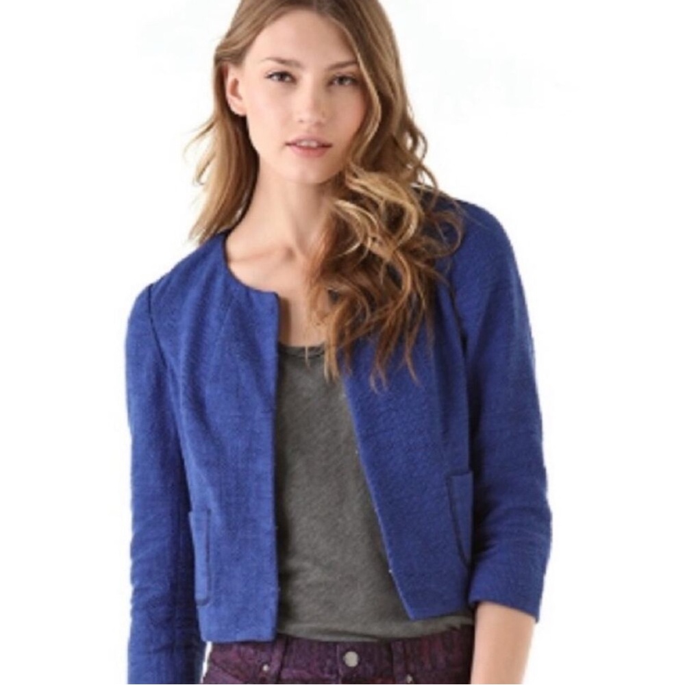 Gryphon New York Royal Blue Tweed Collarless Blazer with 3/4 Sleeves size Small